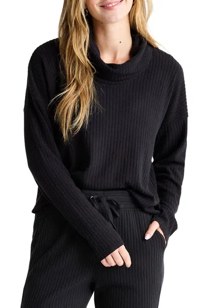Splendid London Rib T-shirt Women Black Cowl Neck Long Sleeve Pullover Buu780