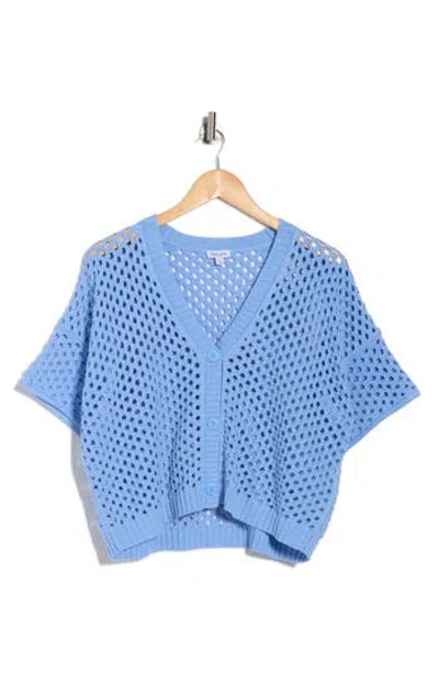 Splendid Nina Pointelle Short Sleeve Cardigan In Blue