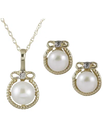 Splendid Pearls 14k 0.03 Ct. Tw. Diamond 7-8mm Pearl Necklace Set In Gold