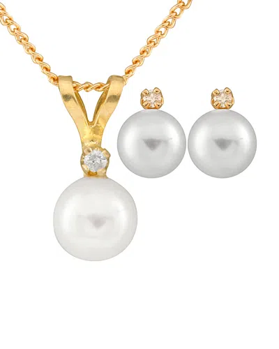 Splendid Pearls 14k 0.03 Ct. Tw. Diamond & 5-5.5mm Akoya Pearl Necklace & Studs Set