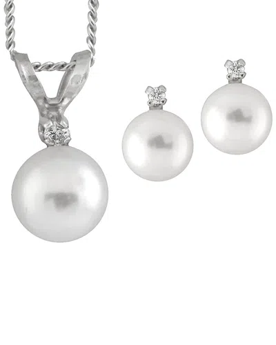 Splendid Pearls 14k 0.09 Ct. Tw. Diamond & 6-7mm Akoya Pearl Earrings & Necklace Set