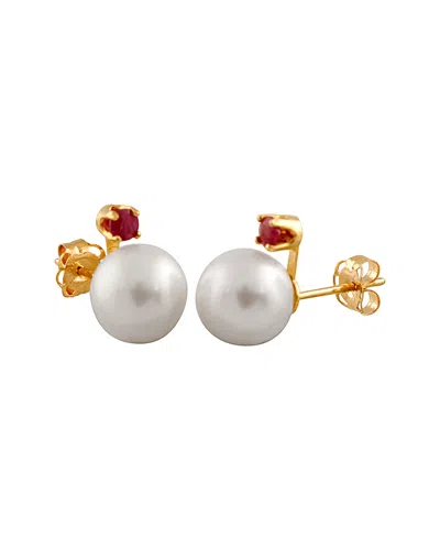 SPLENDID PEARLS SPLENDID PEARLS 14K 0.10 CT. TW. RUBY & 7-7.5MM AKOYA PEARL EARRINGS