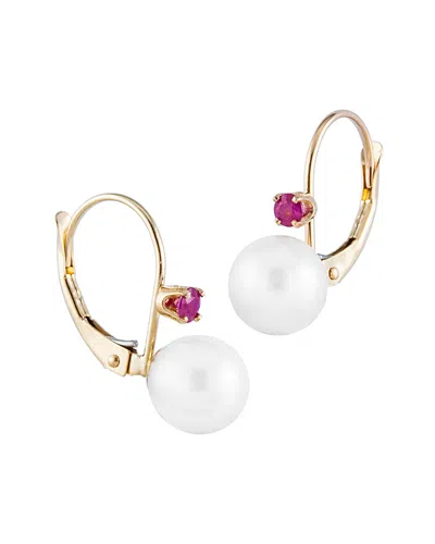 Splendid Pearls 14k 0.10 Ct. Tw. Ruby & 7-7.5mm Pearl Earrings In Gold