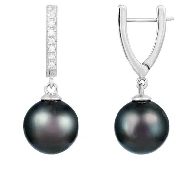 Splendid Pearls 14k Gold Diamond Encrusted Tahitian Pearl Earrings In Silver