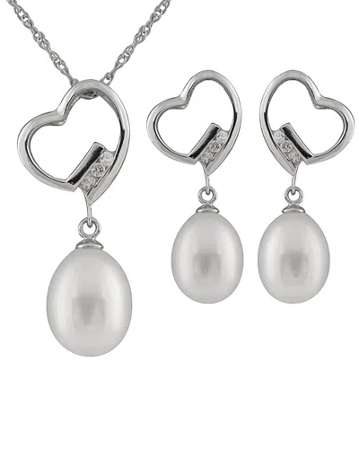 Splendid Pearls & Czs Silver 7-8mm Freshwater Pearl & Cz Earrings & Necklace Set