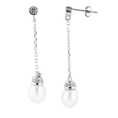 Splendid Pearls Dangling Sterling Silver 7-7.5mm Freshwater Pearl Earrings In White