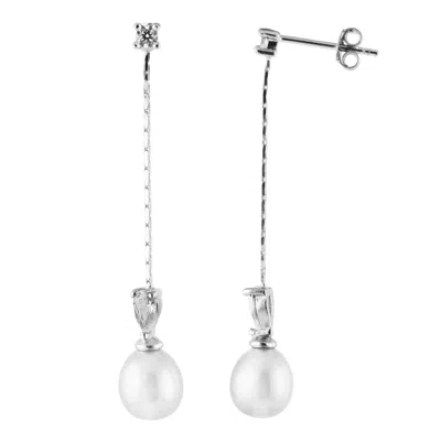 Splendid Pearls Dangling Sterling Silver 7-7.5mm Freshwater Pearl Earrings In White