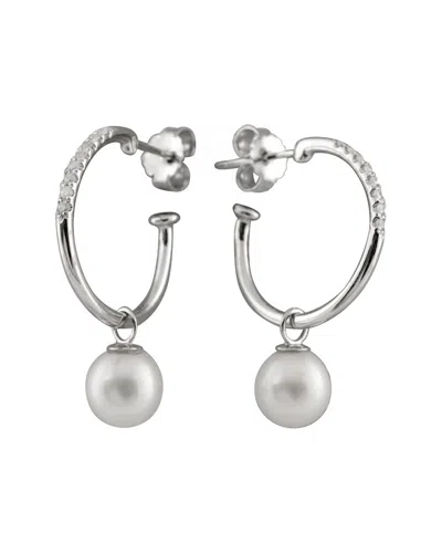 Splendid Pearls Rhodium Over Silver 0.16 Ct. Tw. Diamond 8-8.5mm Pearl Hoops