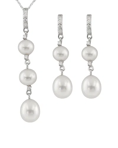 Splendid Pearls Rhodium Over Silver 5.5-8.5mm Pearl Necklace & Earrings Set