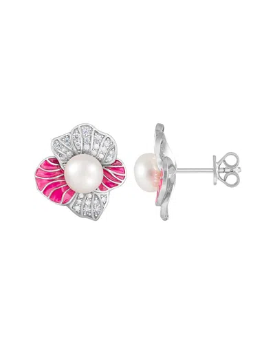 Splendid Pearls Rhodium Plated 6-7mm Pearl Cz Earrings