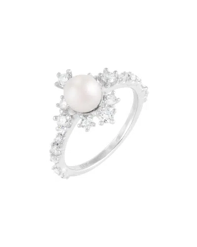 Splendid Pearls Rhodium Plated 6-7mm Pearl Cz Ring