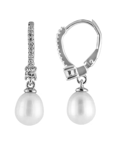 Splendid Pearls Rhodium Plated 7-8mm Pearl Cz Earrings