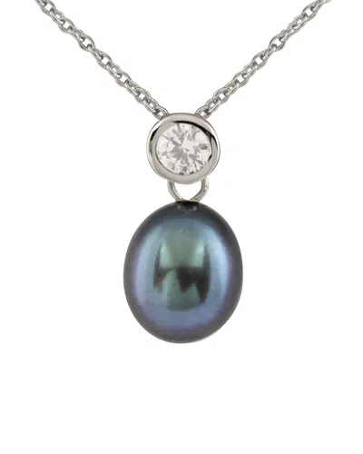 Splendid Pearls Rhodium Plated 7-8mm Pearl Cz Pendant Necklace