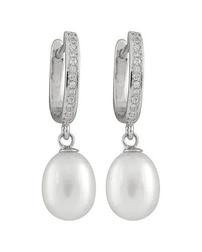 Splendid Pearls Rhodium Plated 7.5-8mm Pearl & Cz Earrings