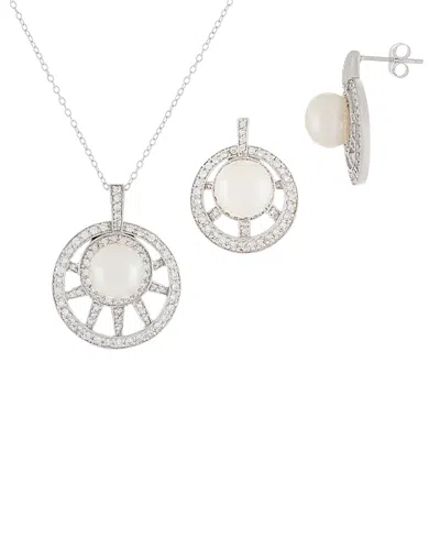 Splendid Pearls Rhodium Plated 7.5-8mm Pearl & Cz Necklace & Earrings Set