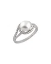 Splendid Pearls Rhodium Plated 7.5-8mm Pearl Cz Ring