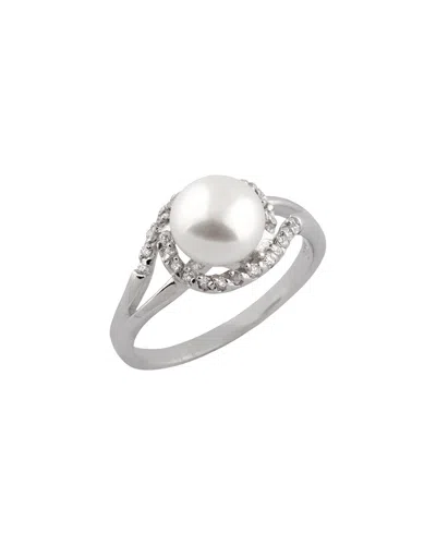 Splendid Pearls Rhodium Plated 7.5-8mm Pearl Cz Ring