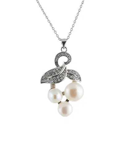 Splendid Pearls Rhodium Plated 7.5-9mm Pearl & Cz Necklace