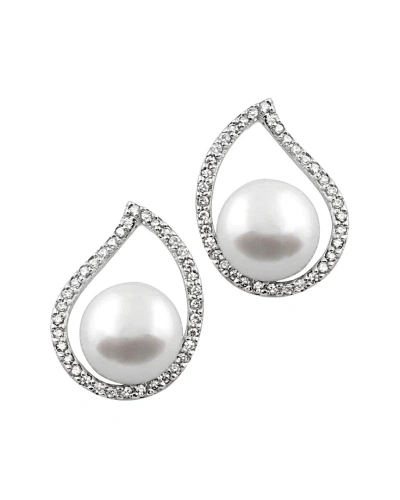 Splendid Pearls Rhodium Plated 8-8.5mm Freshwater Pearl & Cz Earrings In Metallic