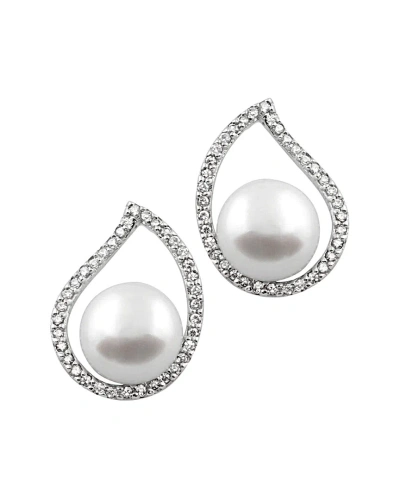 Splendid Pearls Rhodium Plated 8-8.5mm Pearl Cz Earrings