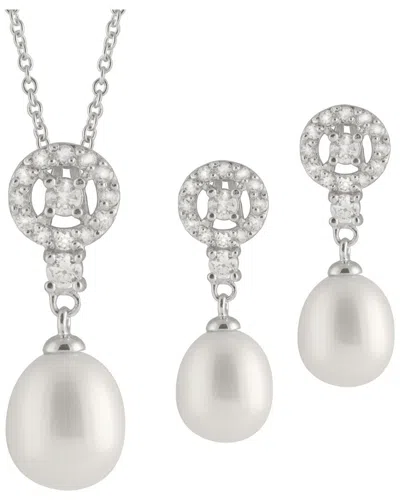 Splendid Pearls Rhodium Plated 8-9.5mm Pearl Cz Necklace & Earrings Set
