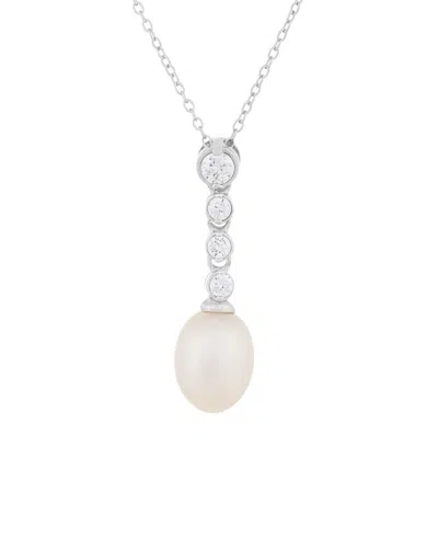 Splendid Pearls Rhodium Plated 8-9mm Pearl Cz Pendant Necklace