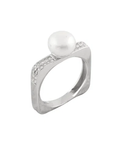 Splendid Pearls Rhodium Plated 8-9mm Pearl Cz Ring