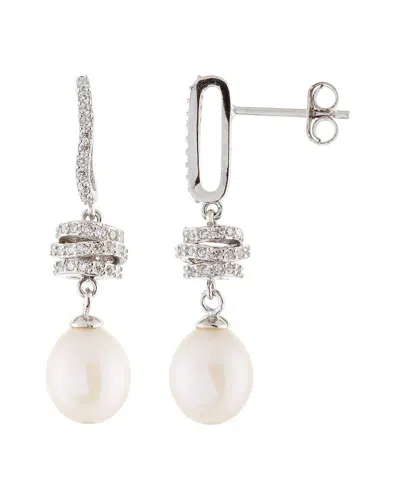 Splendid Pearls Rhodium Plated 8.5-9mm Pearl Cz Earrings In Metallic