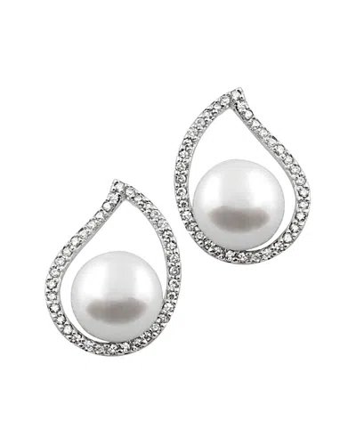 Splendid Pearls Rhodium Plated 8-8.5mm Pearl Cz Earrings In Metallic