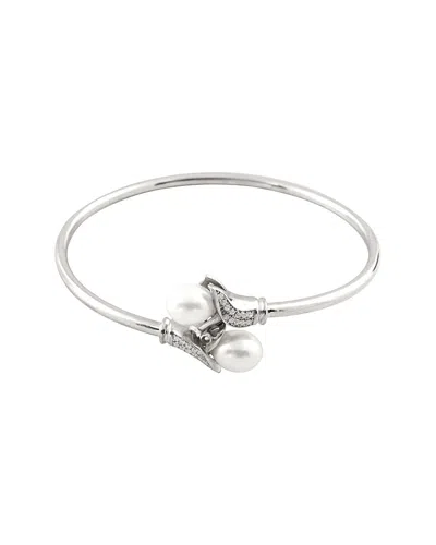 Splendid Pearls Rhodium Plated Silver 11-12mm Pearl & Cz Bracelet
