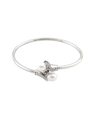 Splendid Pearls Rhodium Plated Silver 11-12mm Pearl & Cz Bracelet