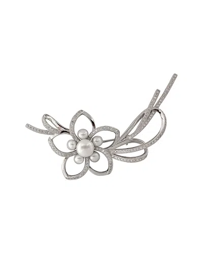 Splendid Pearls Rhodium Plated Silver 4.5-8.5mm Pearl & Cz Brooch