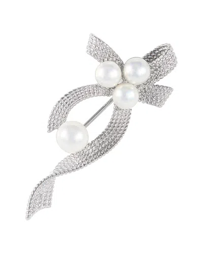 Splendid Pearls Rhodium Plated Silver 5-7mm Pearl & Cz Brooch