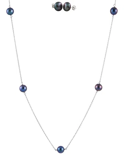 Splendid Pearls Rhodium Plated Silver 7-8mm Freshwater Pearl Earrings & Necklace Set