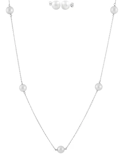 Splendid Pearls Rhodium Plated Silver 7-8mm Freshwater Pearl Earrings & Necklace Set