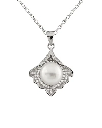 Splendid Pearls Rhodium Plated Silver 9-9.5mm Freshwater Pearl & Cz Necklace