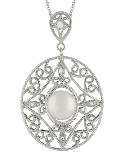 Splendid Pearls Silver 10mm Pearl Cz Pendant In Metallic