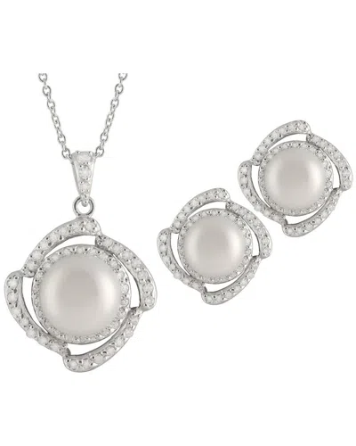 Splendid Pearls Silver 10mm Pearl Cz Set In Metallic