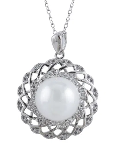 Splendid Pearls Silver 12mm Pearl Cz Pendant In Metallic