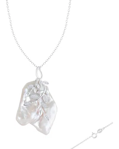 Splendid Pearls Silver 23-26mmmm Pearl Cz Pendant In Metallic