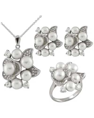 Splendid Pearls Dnu 0 Units Sold  Silver 3-5mm Pearl Cz Pendant, Earrings, And Ring Set