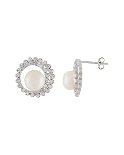 Splendid Pearls Silver 7.5-8mm Freshwater Pearl & Cz Studs