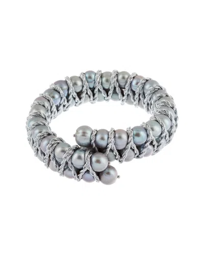 Splendid Pearls Silver 7-8mm Cultured Freshwater Pearl Double Row Adjustable Bracelet In Metallic