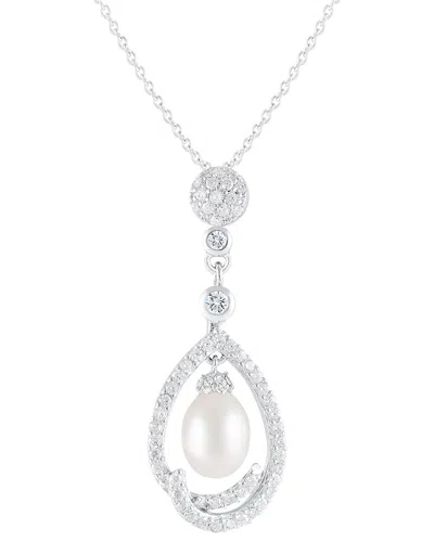 Splendid Pearls Silver 7-8mm Pearl Cz Necklace In Metallic