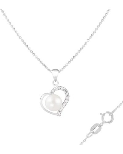 Splendid Pearls Silver 7mm Pearl Cz Pendant In Metallic