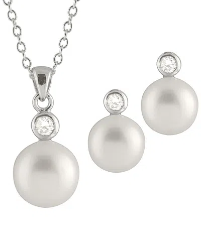 Splendid Pearls Silver 8-8.5mm Freshwater Pearl & Cz Earrings & Necklace Set