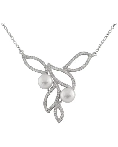 Splendid Pearls Silver 8mm Pearl Cz Pendant In Metallic