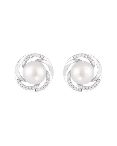 Splendid Pearls Silver 9-10mm Pearl Cz Earrings