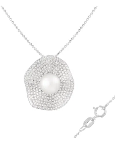 Splendid Pearls Silver 9mm Pearl Cz Pendant In Metallic