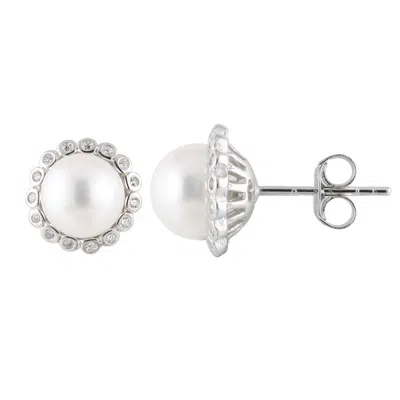 Splendid Pearls Sterling Silver Halo 7-7.5mm Freshwater Pearl Studs In White